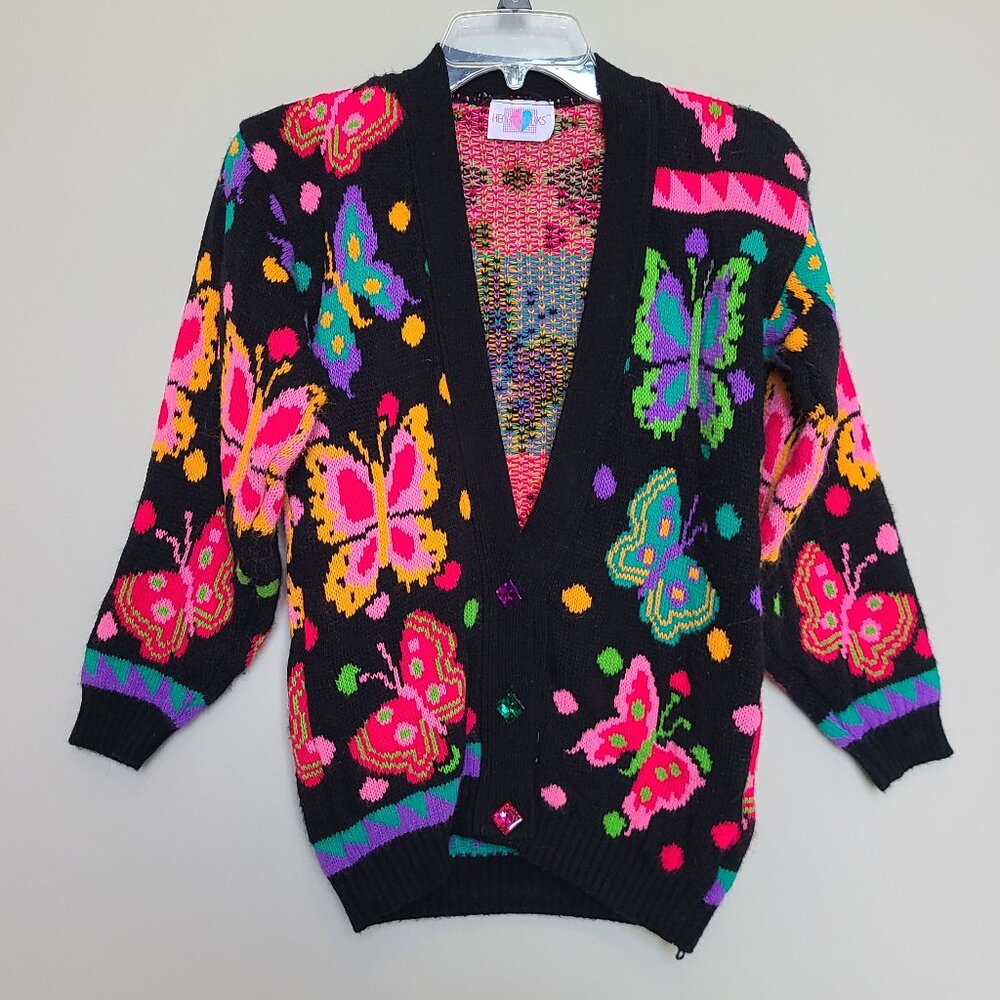Vintage Heartworks Cardigan Sweater Black Butterflies Pink Colorful